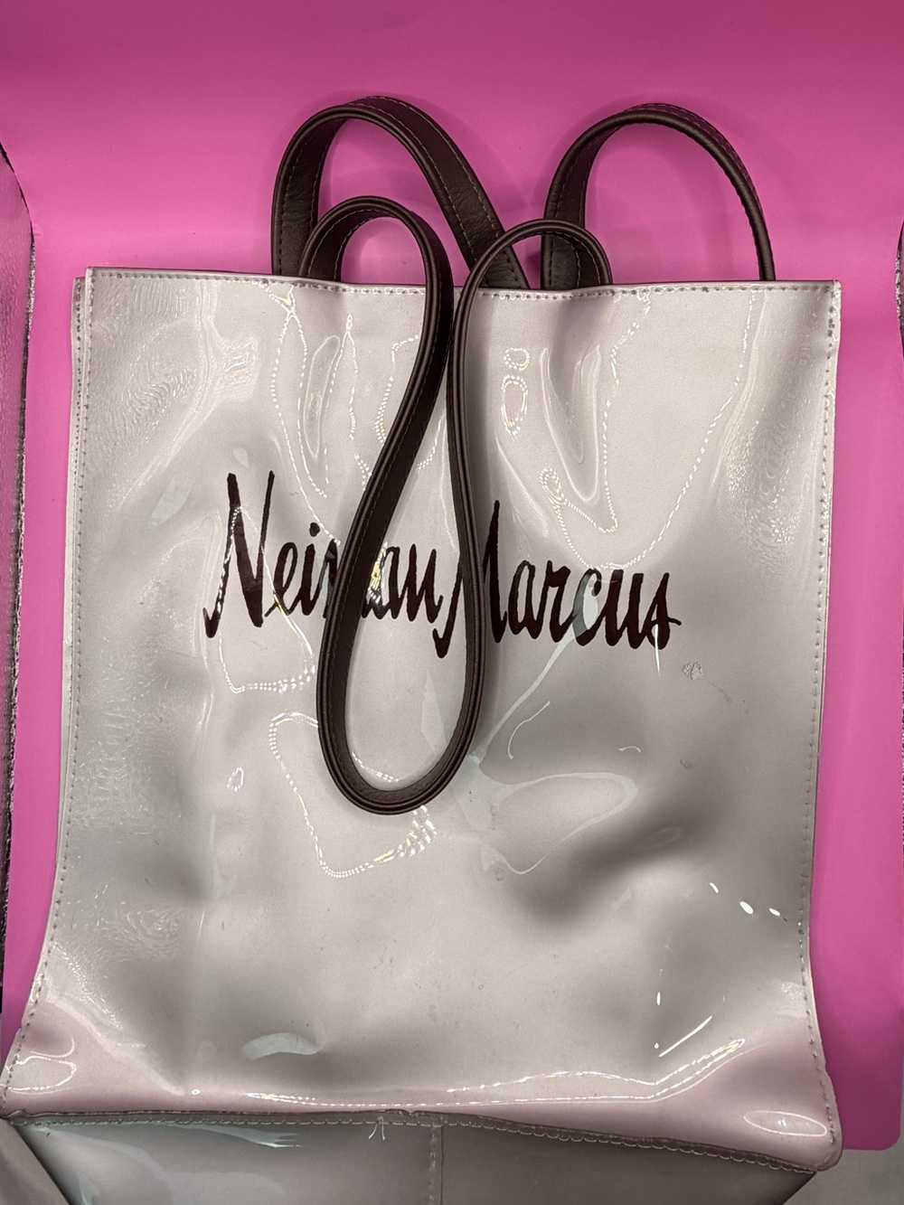 Neiman Marcus White Patent Tote with Brown Logo and Handles